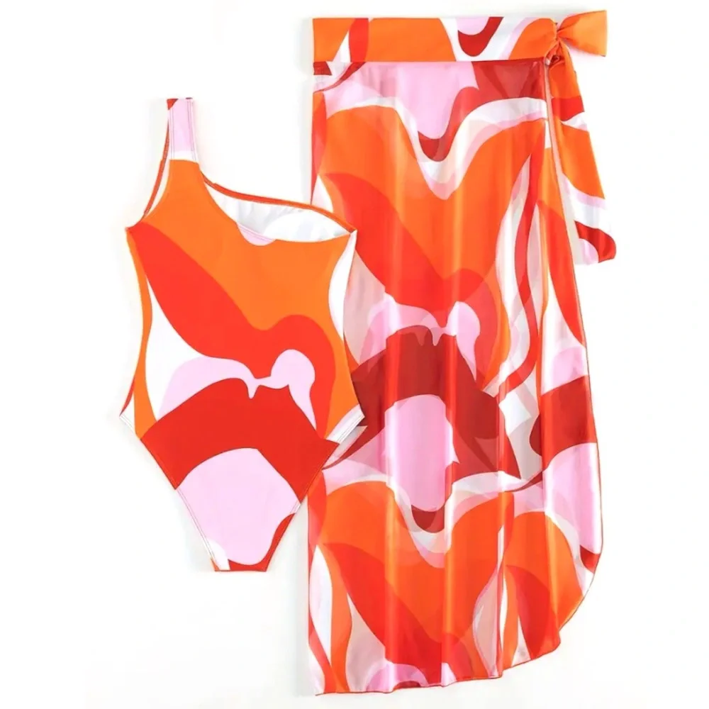 One Piece Swimsuit with Coordinating Wrap Skirt Coverup NWT